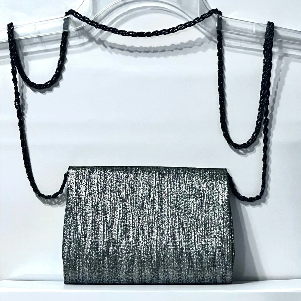 La Regale Elegant Evening Crossbody Bag Black Chain Shimmery Silver Gray Bag
